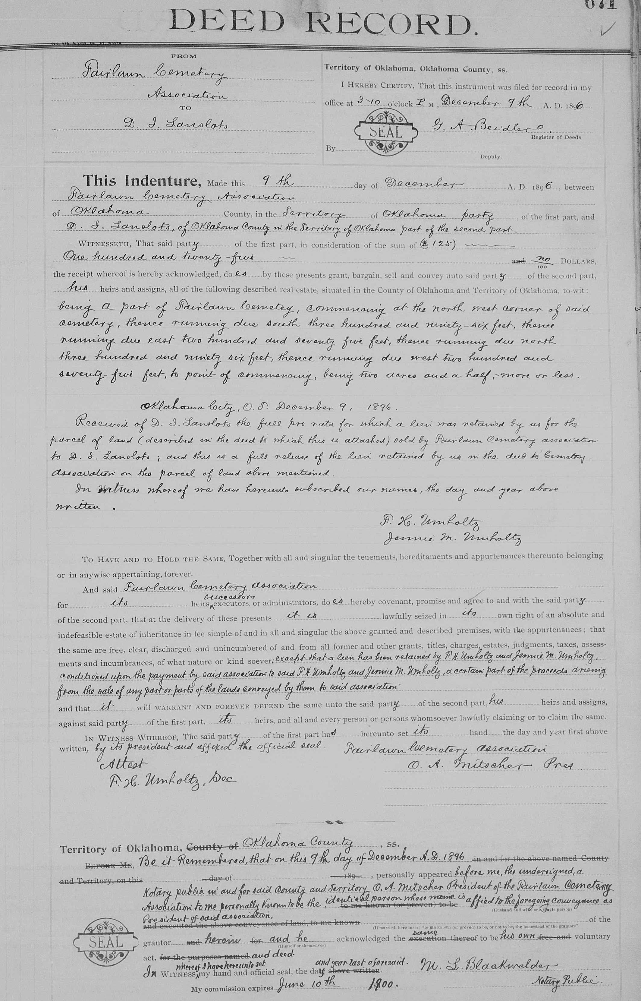 Deed record from Fairlawn Cemetery Association to D. J. Lanslots, dated 9 December 1896