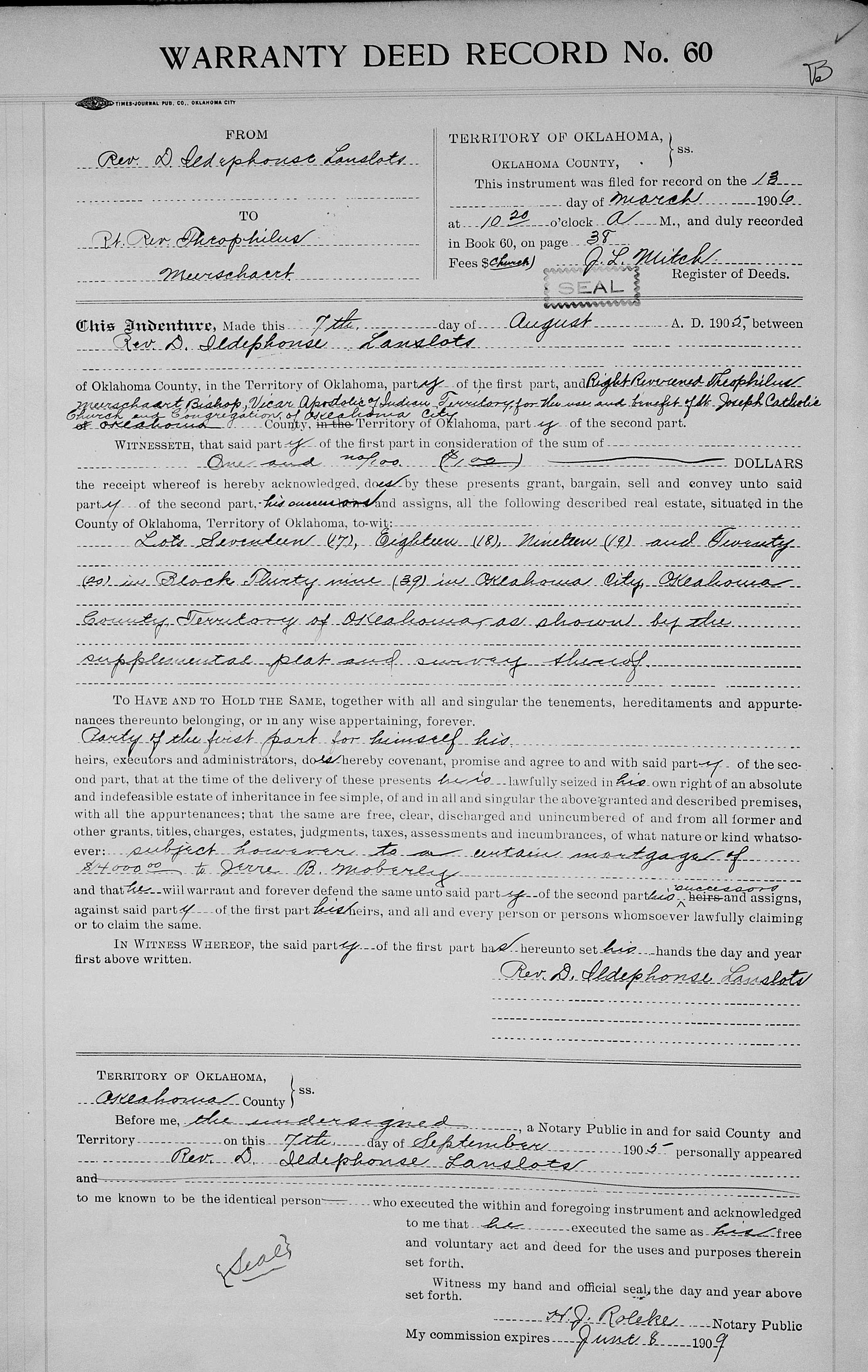 Warranty deed record signed by Reverend D. Ildephonse Lanslots in Oklahoma County