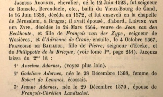 Genealogische vermelding van Jeanne Adornes en François-Chrétien Landschot