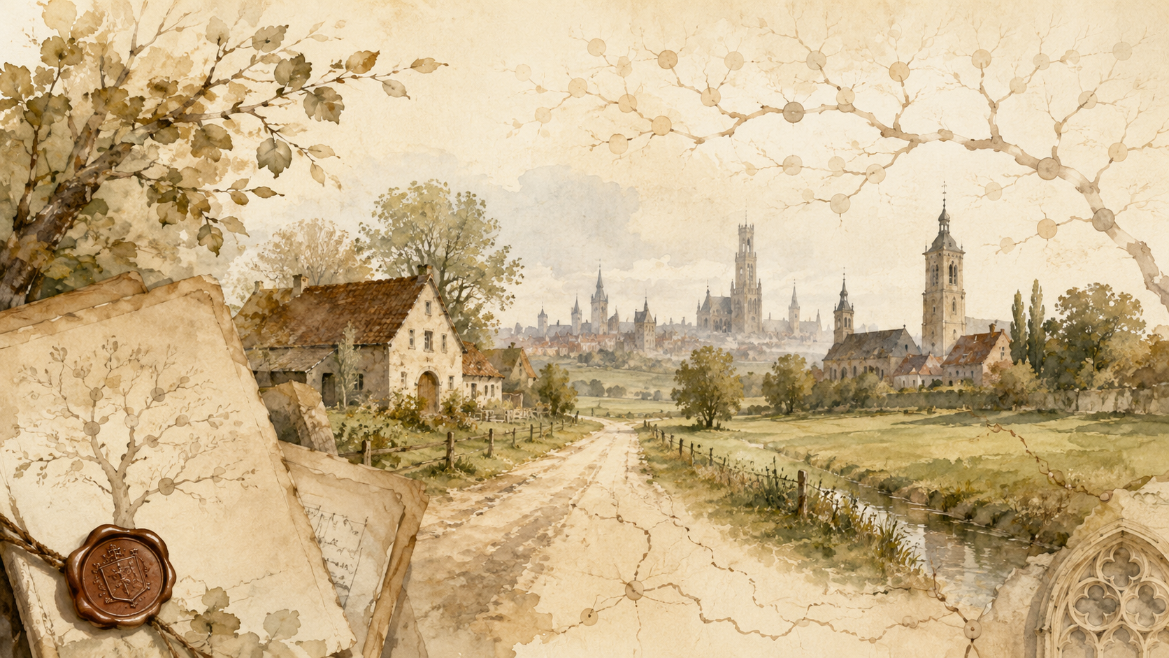 Aquarel van het Vlaamse landschap met Brugge op de achtergrond, als voorstelling van de Oostkampse tak van de familie Van Landschoot