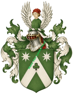 Wapenschild Van de Velde met zilveren keper, sterren en klaverblad