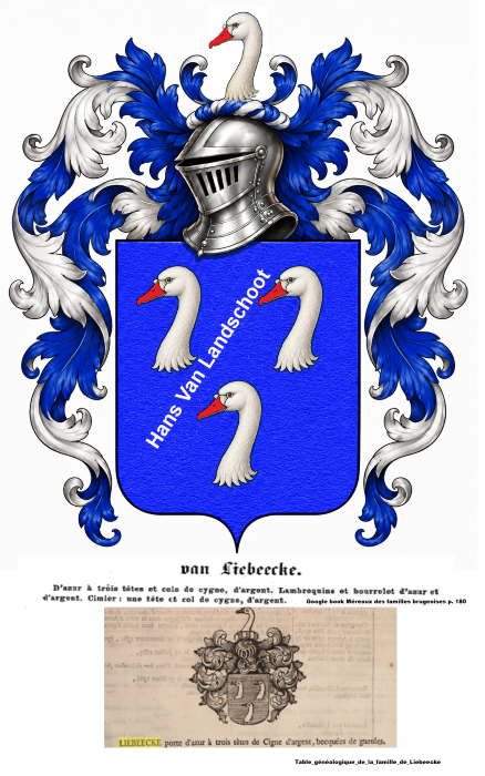 Wapen van de familie Van Liebeecke met drie zilveren zwanenkoppen en zwanenhalzen op een blauw schild